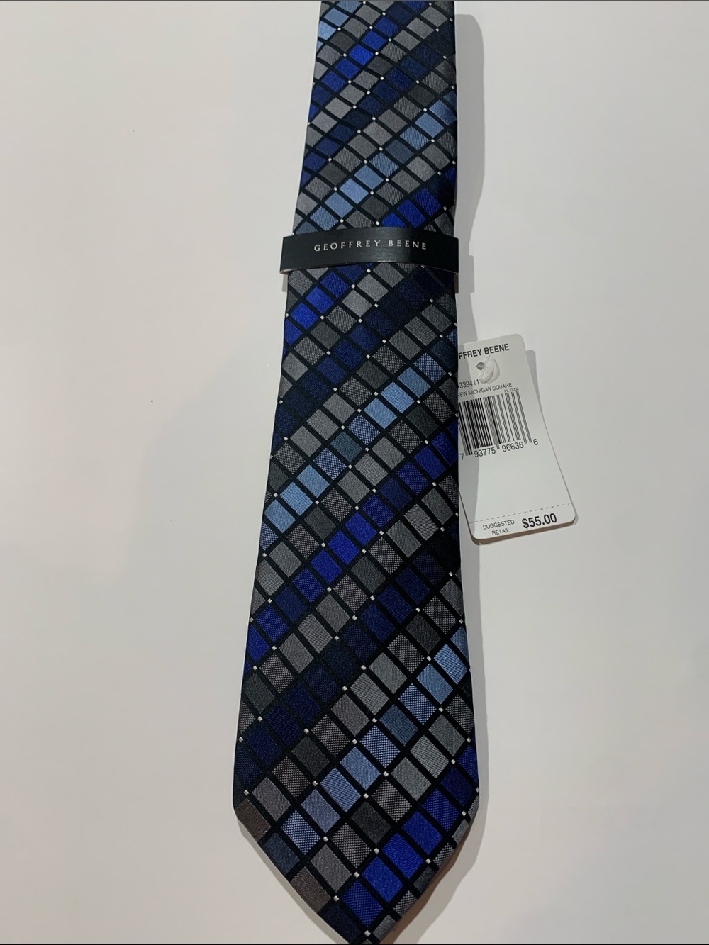 Geoffrey Beene Blue and Gray Plaid Silk Tie